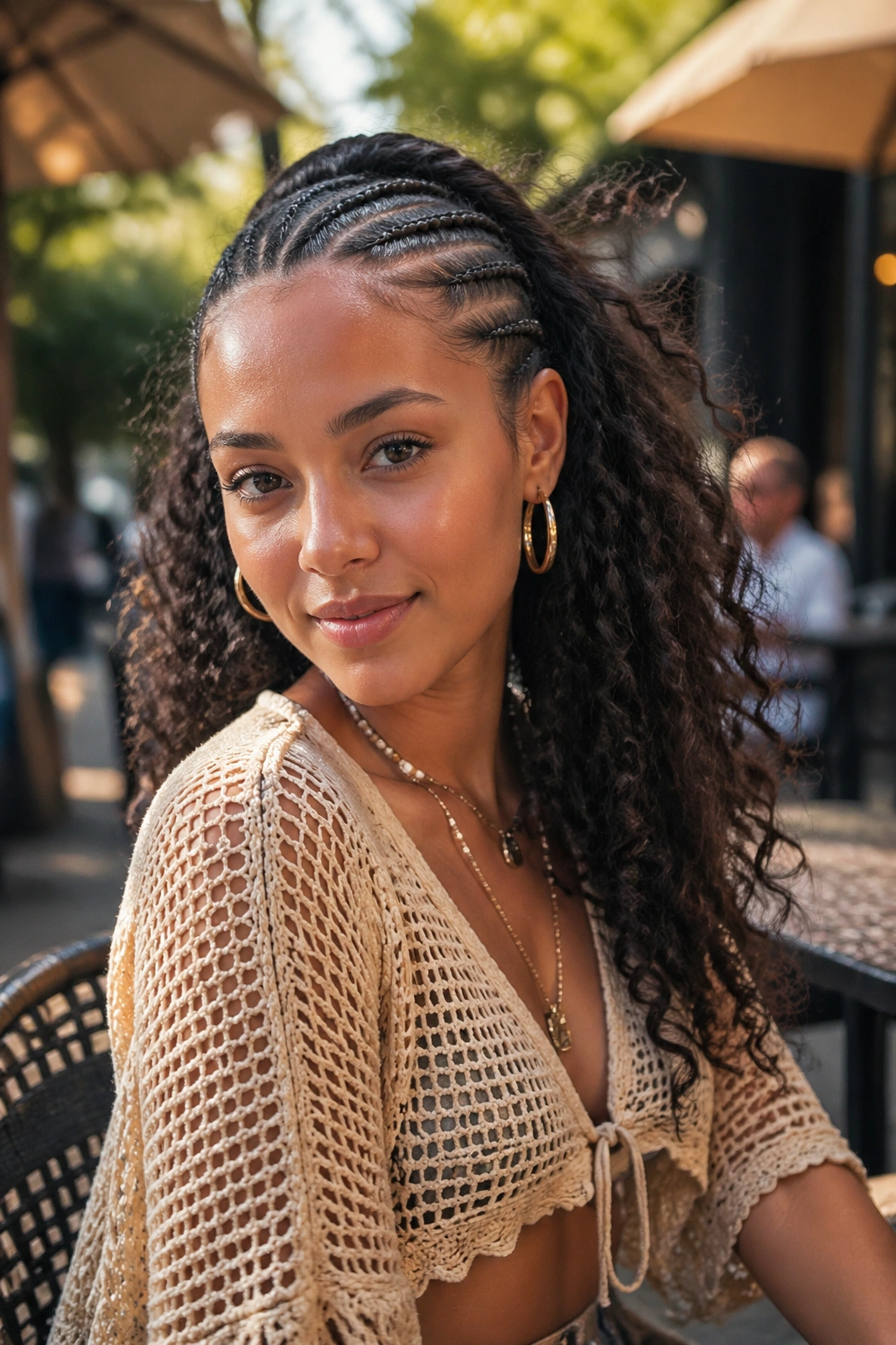 Medium close-up of cornrow fronts with curly length on a real woman outdoors