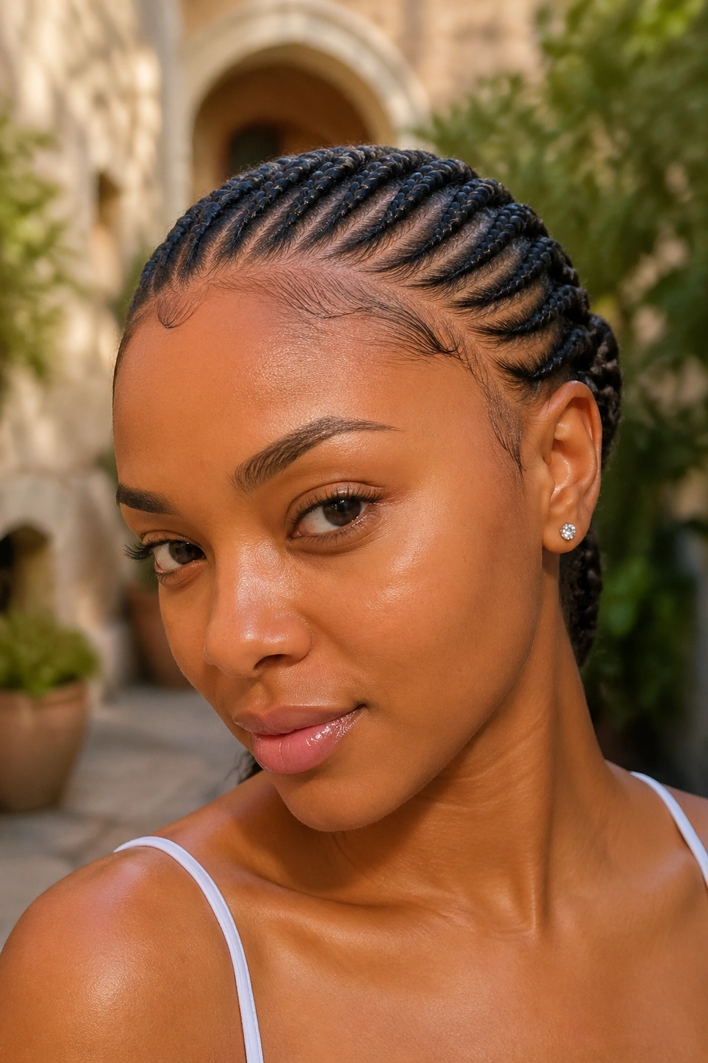 Close-up portrait of a real woman with a cornrow halo along the hairline