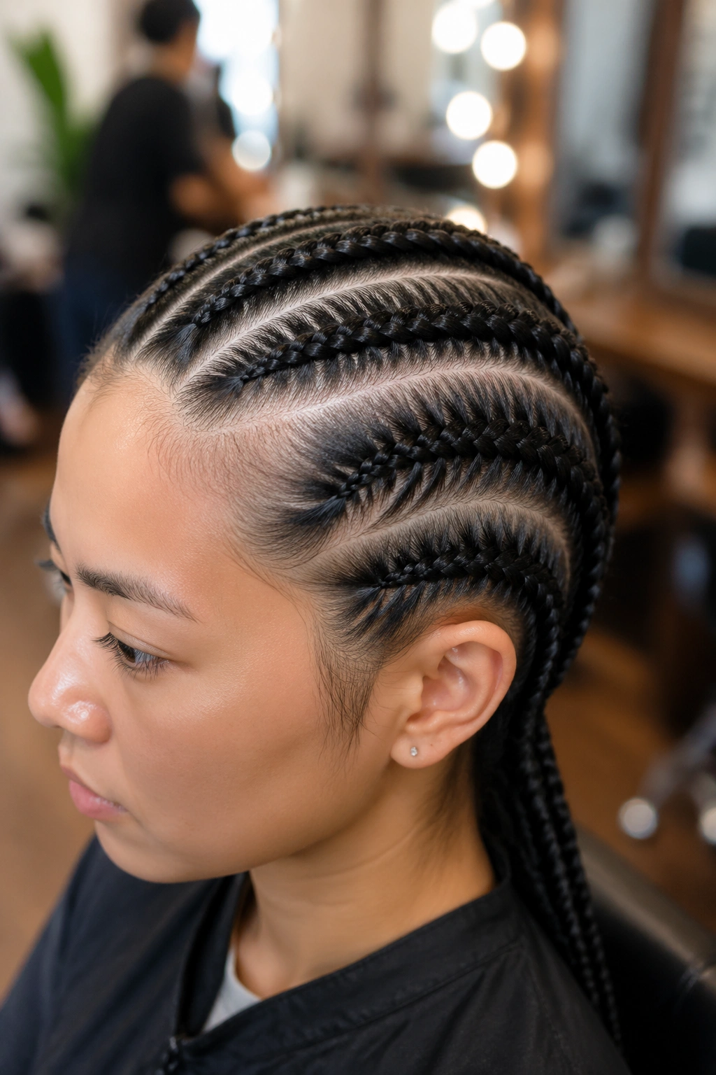 Close-up of a real person with Cornrow-Inspired Braids along the scalp