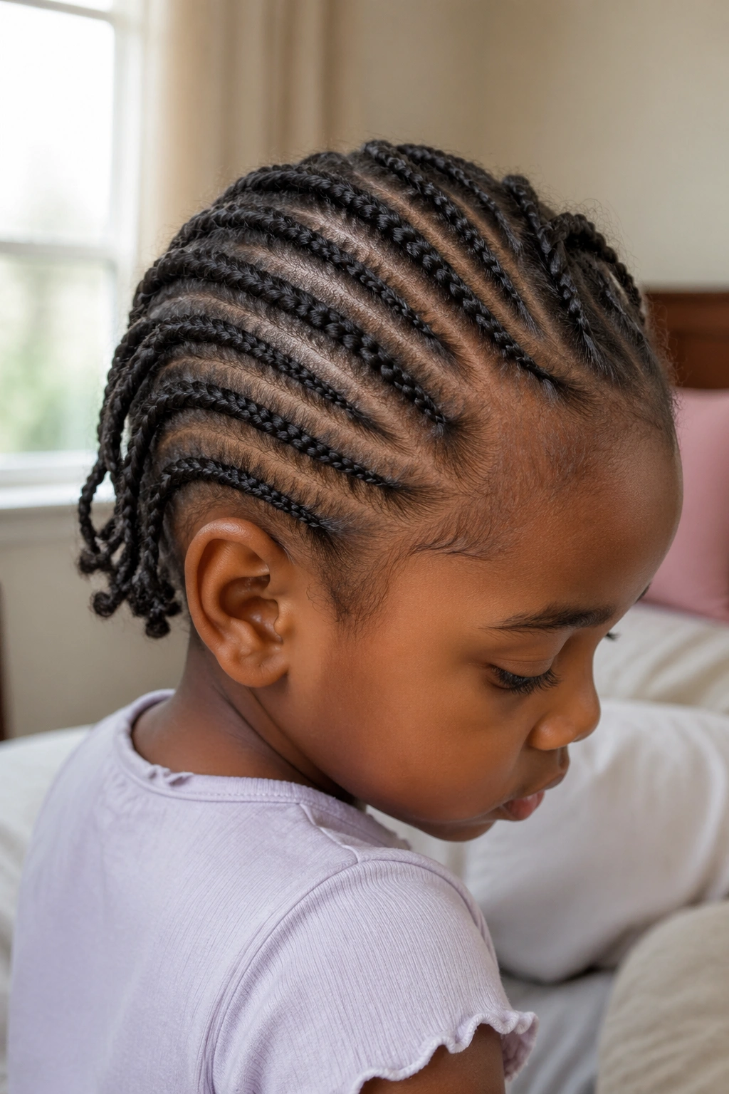 Close-up of Cornrow-Inspired Mini Rows on a real person’s crown, neat and evenly spaced