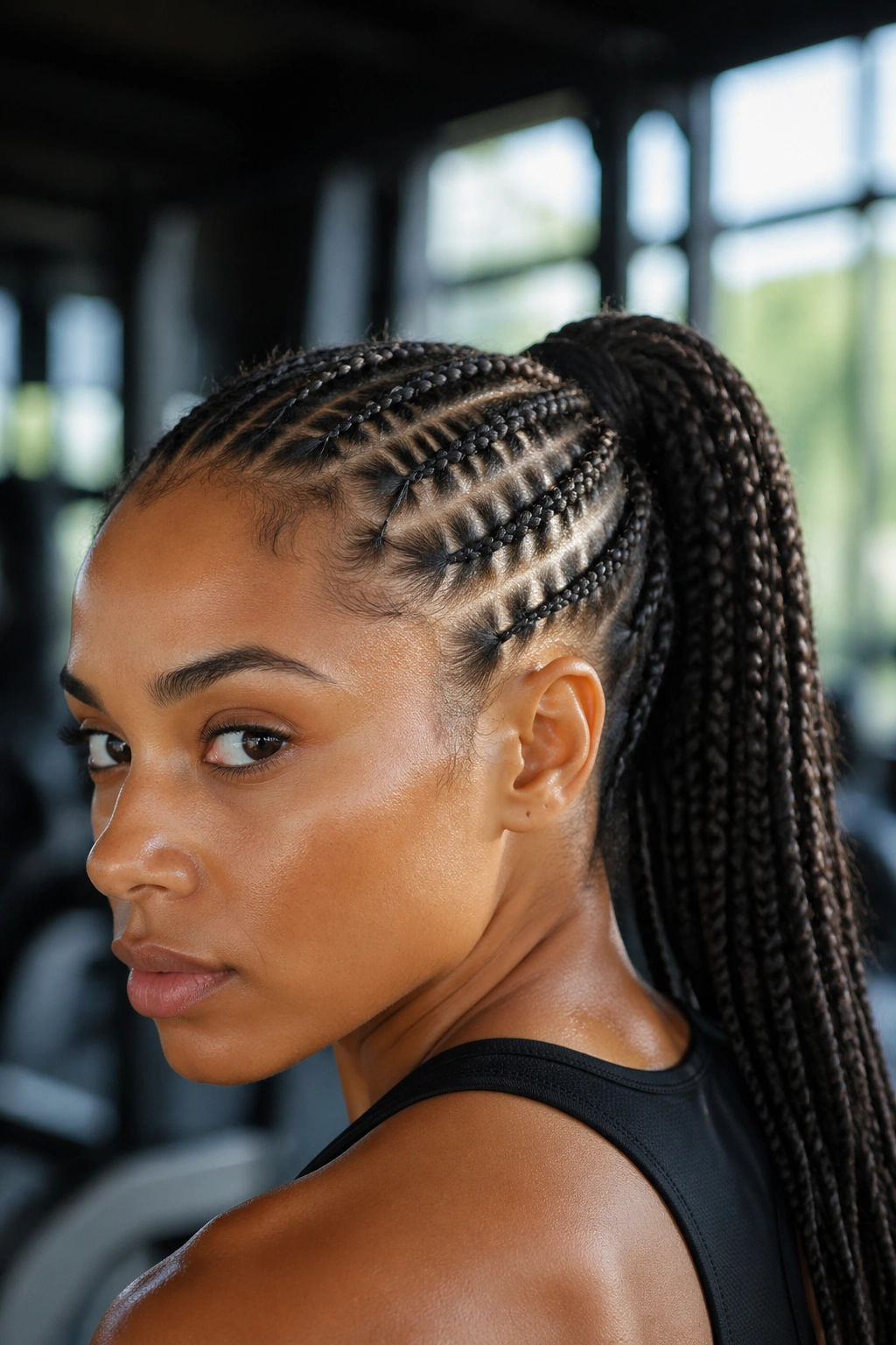 Close-up of cornrow ponytail on a real woman during workout