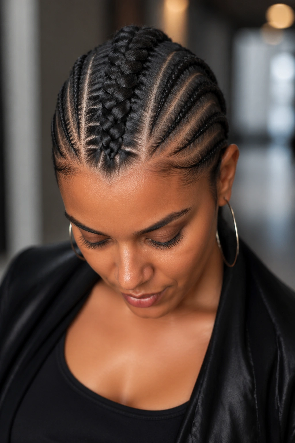 Close-up of a real person with cornrows on the sides and a braided center strip