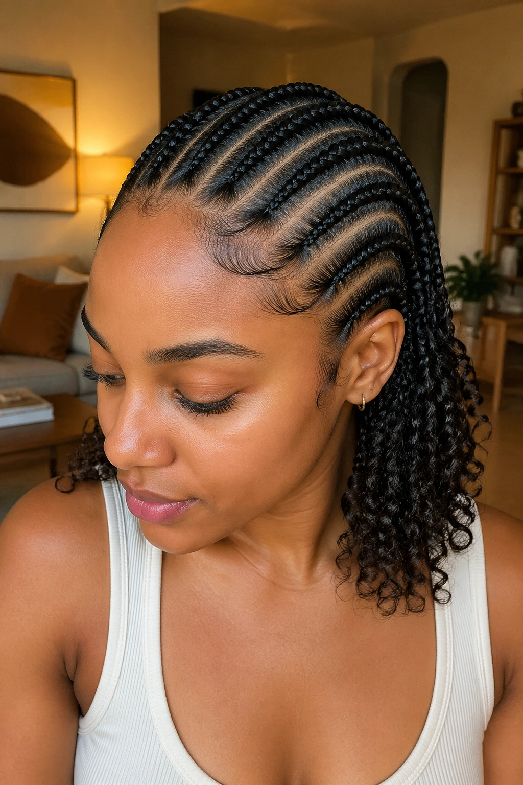 Close-up of real person with cornrows and curly ends