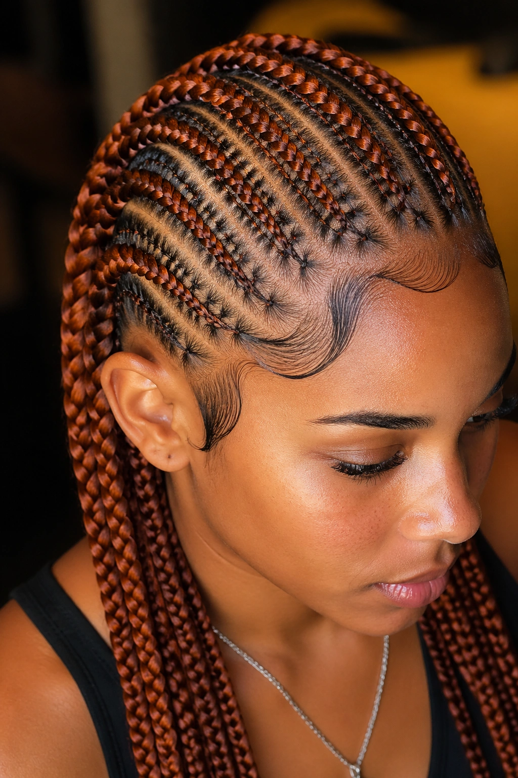 Close-up of a real woman with stitched cornrows and ginger extensions in warm salon light