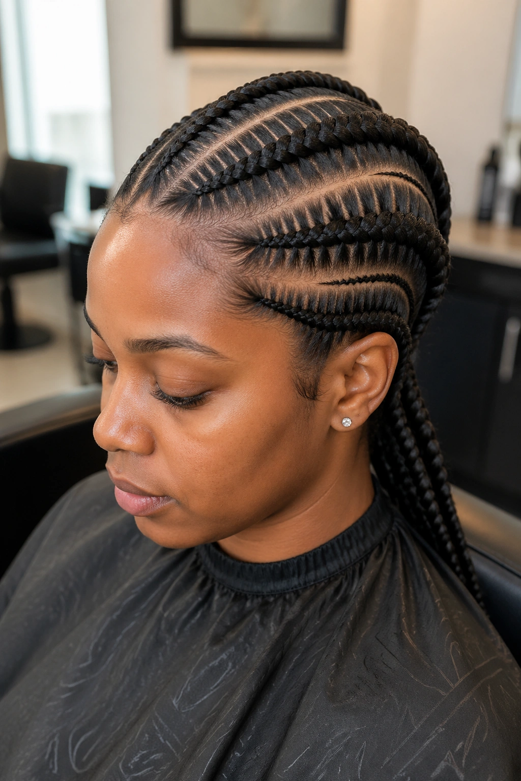 Close-up of a real person with two layered cornrows creating a cleaner shape.