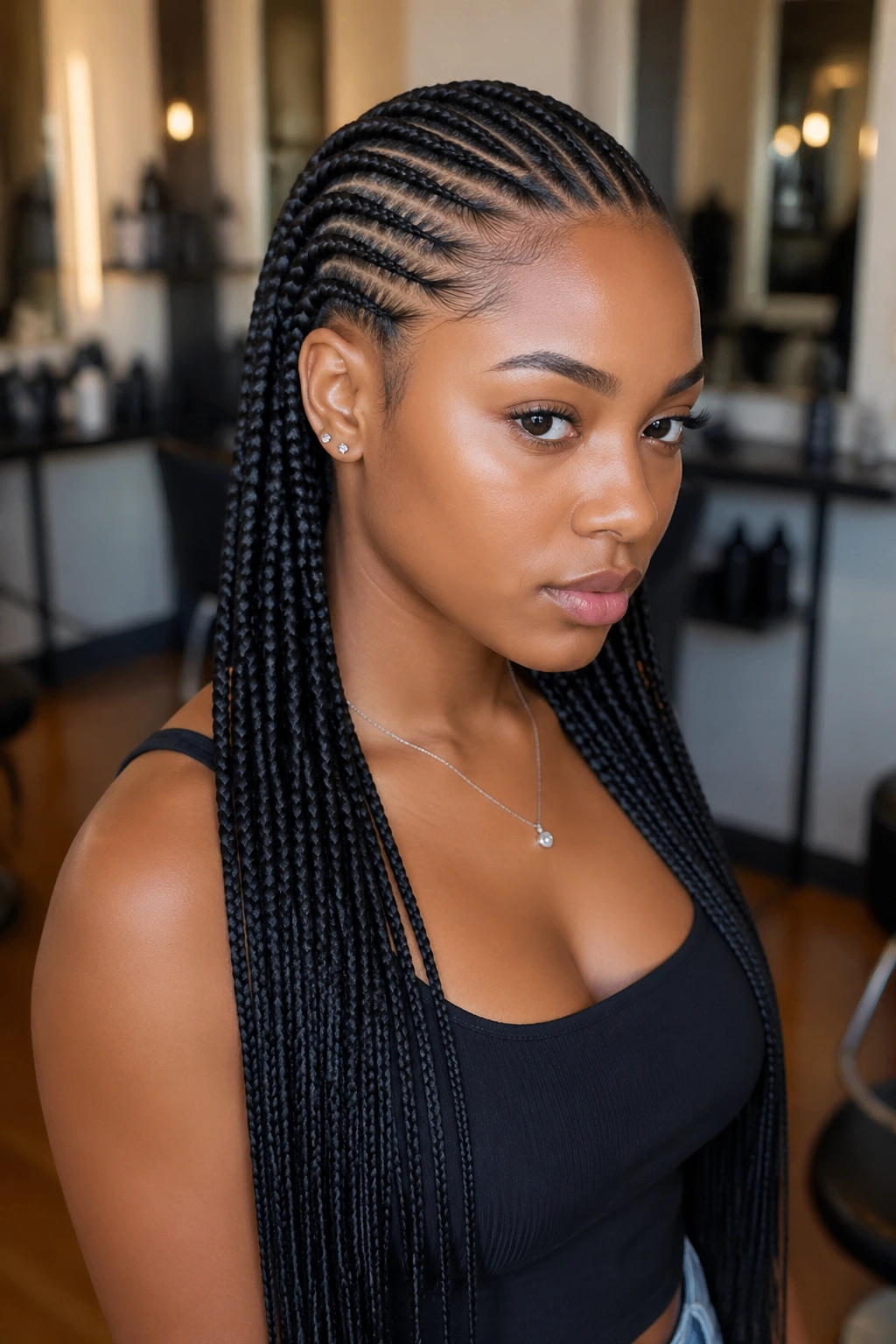 Close-up of real woman with straight-back cornrows and long extensions