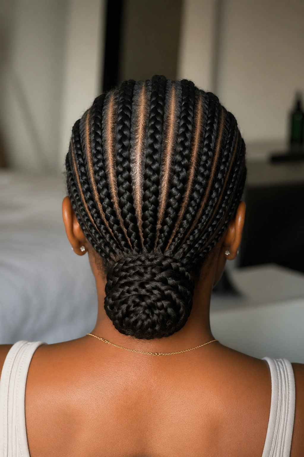 Back view of straight-back cornrows leading to a low bun on a real person