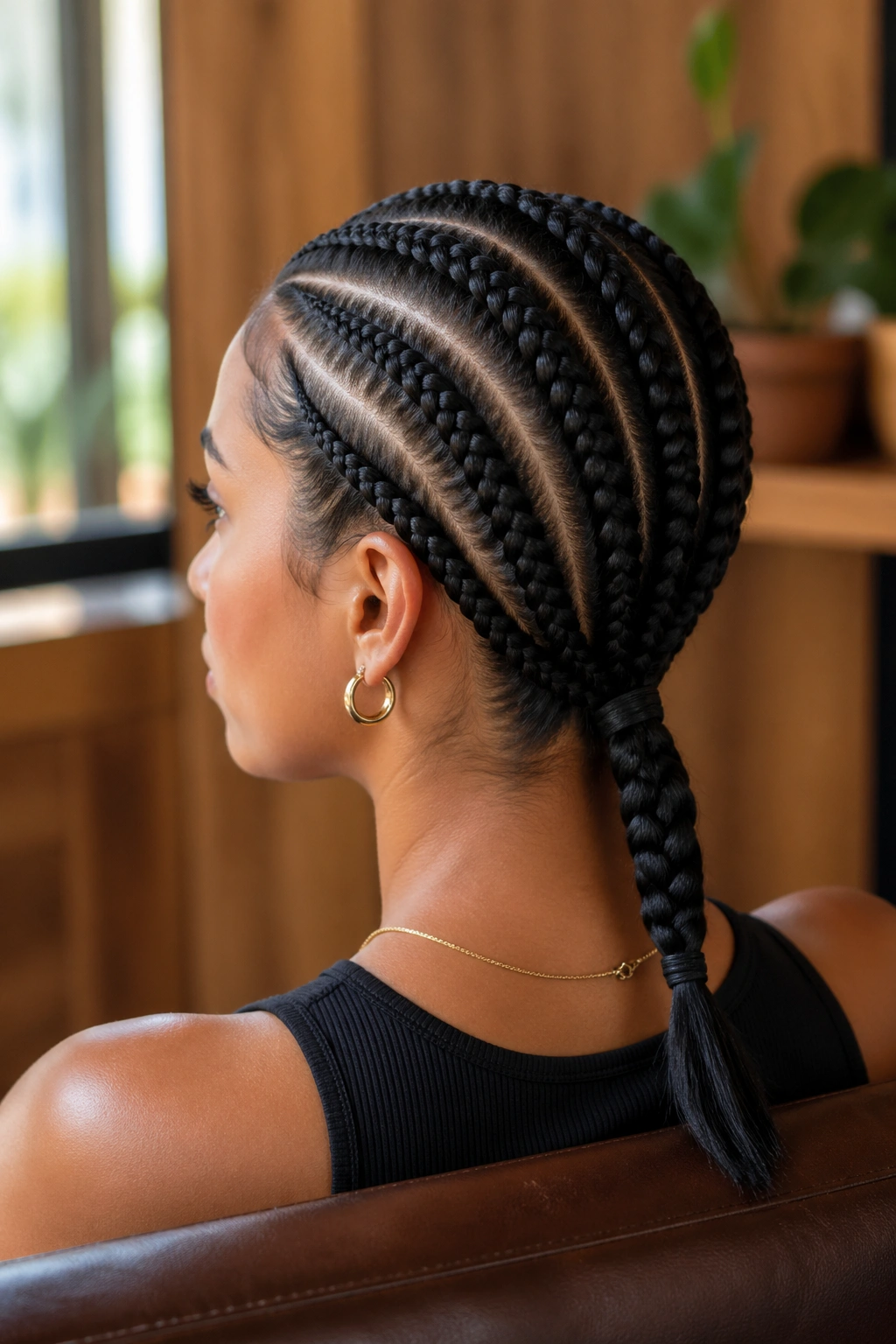 Close-up of four cornrows converging into a low plait at the nape on a real person.