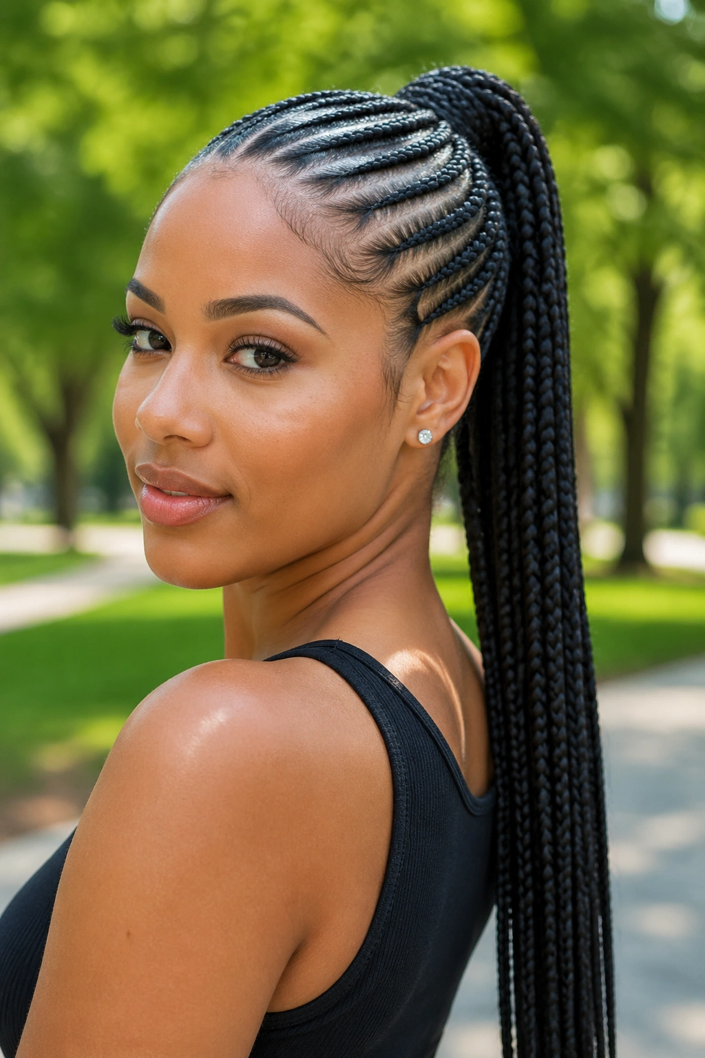 Close-up portrait of a real woman with feed-in cornrows into a long braid ponytail in natural light