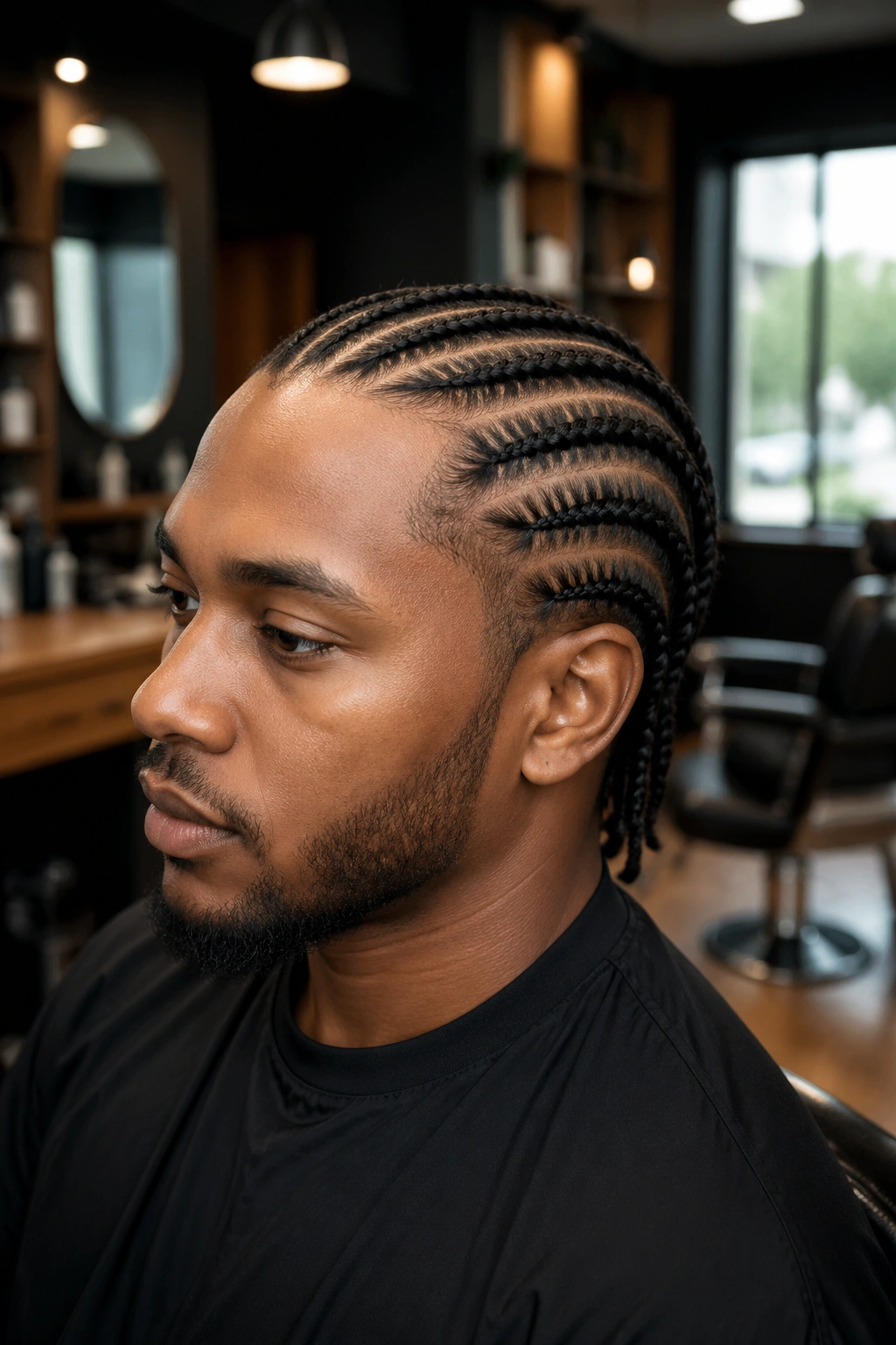 Close-up portrait of a man with straight-back cornrows from front to nape.