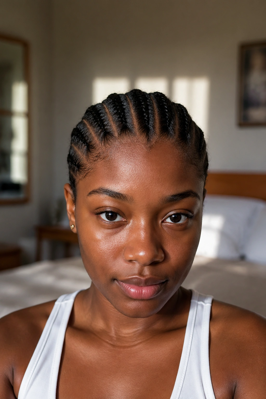 Close-up of real Black woman with straight-back cornrows from crown to nape