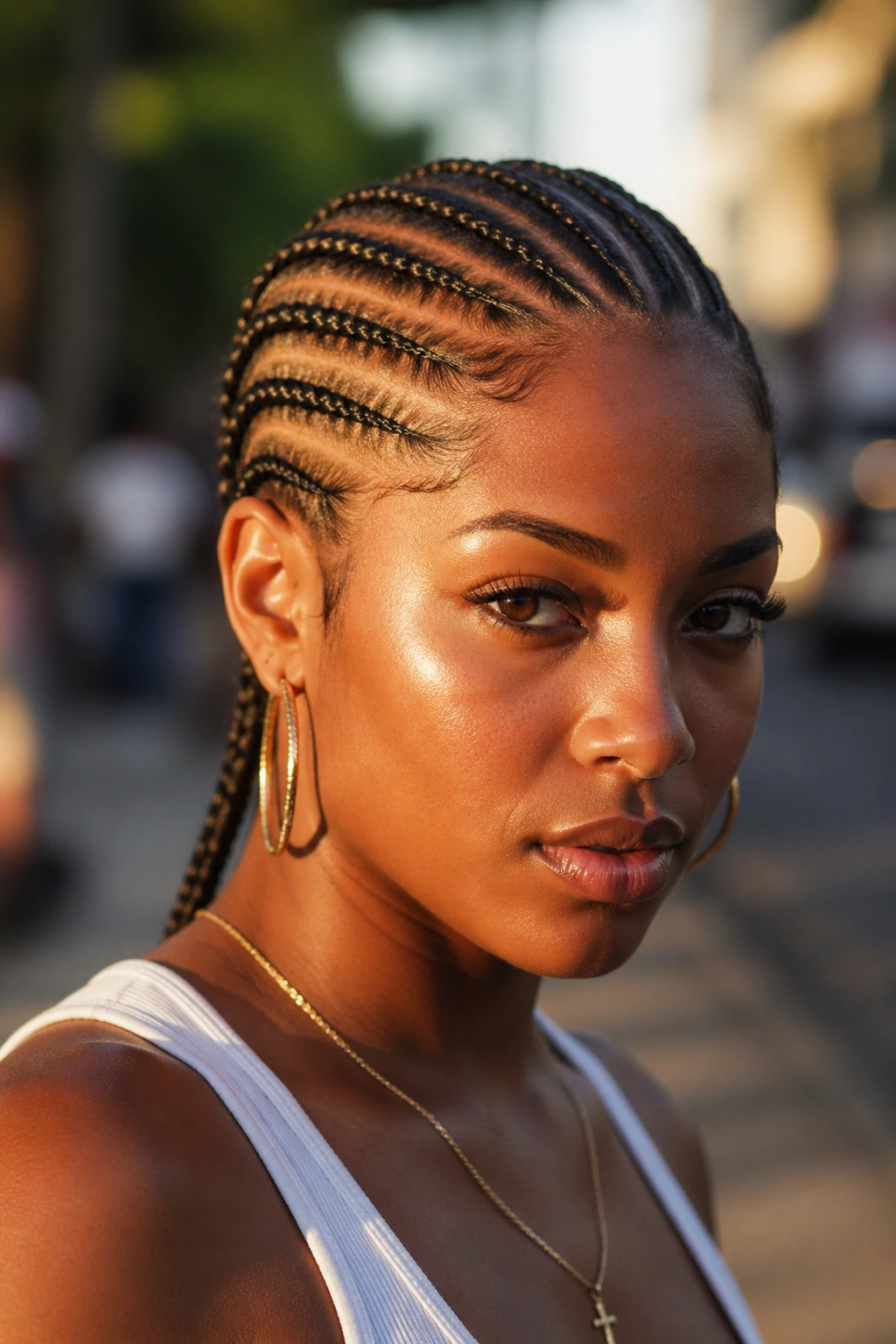 Close-up portrait of a real person with straight-back cornrows and crisp parts.