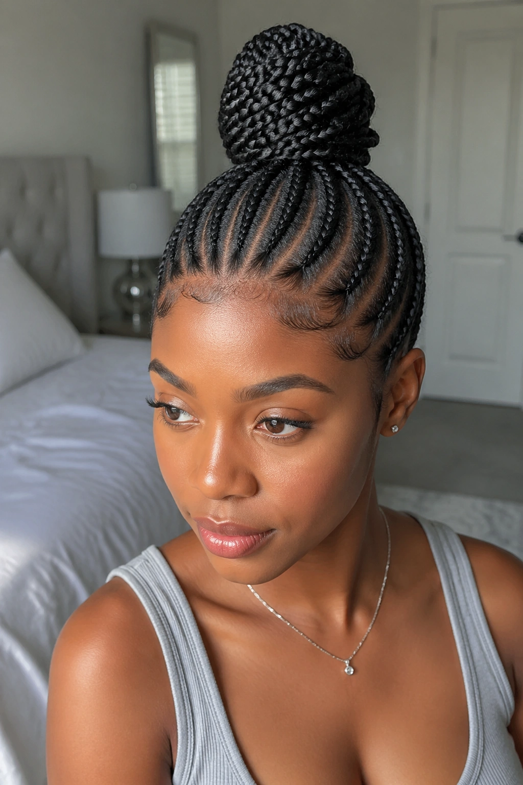 Real person with cornrows tied into a top knot