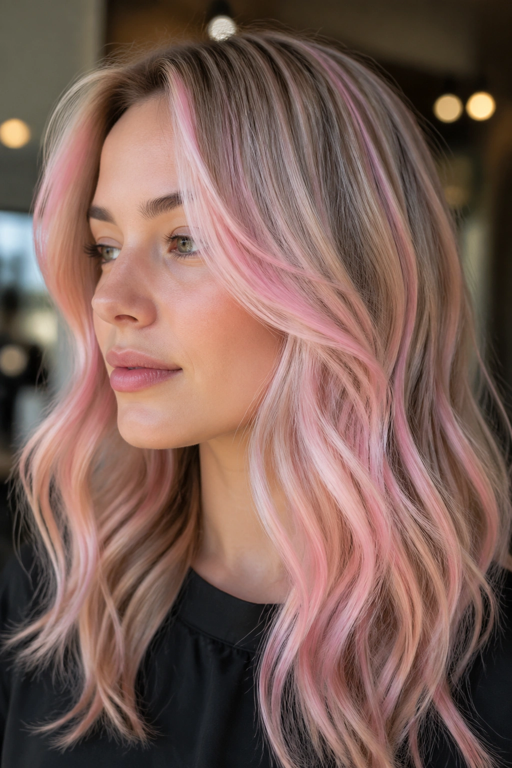Close-up of a real woman with cotton candy pink balayage around the face
