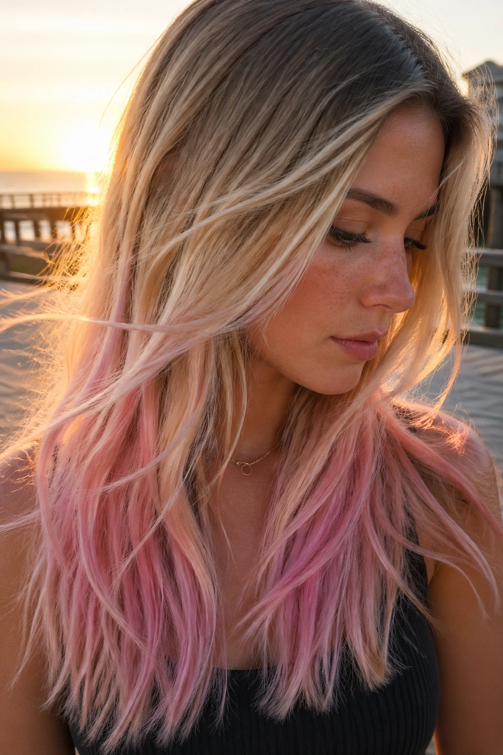 Real person with pale pink cotton candy ends blending into blonde.