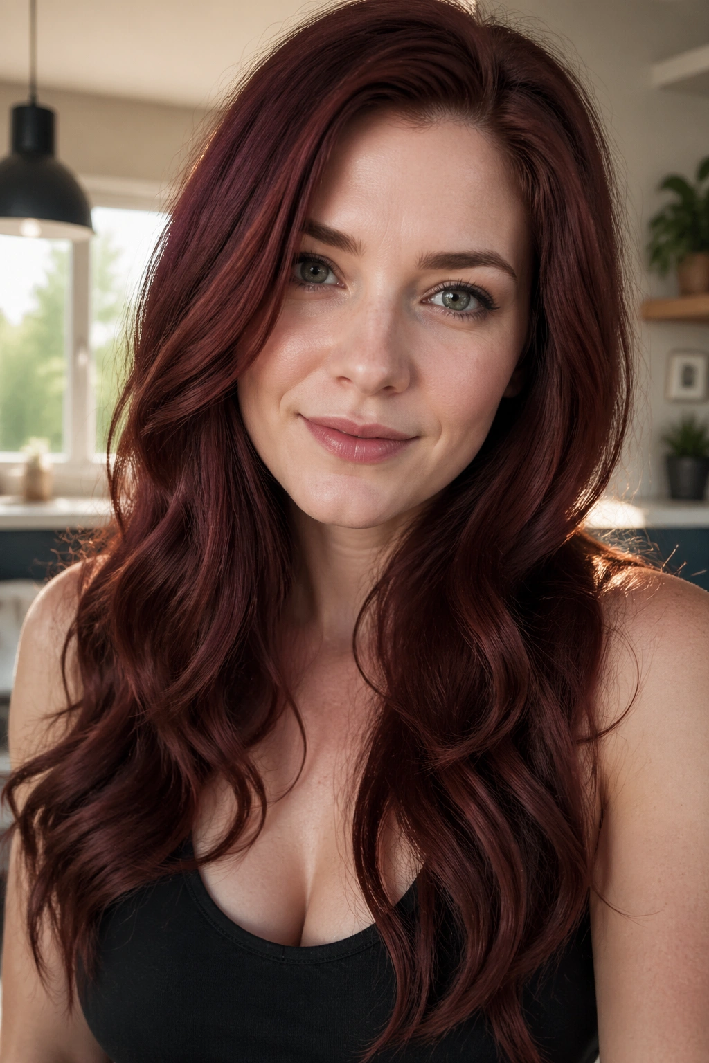 Close-up of a real woman with cranberry brown hair blending berry red into brunette in natural daylight.