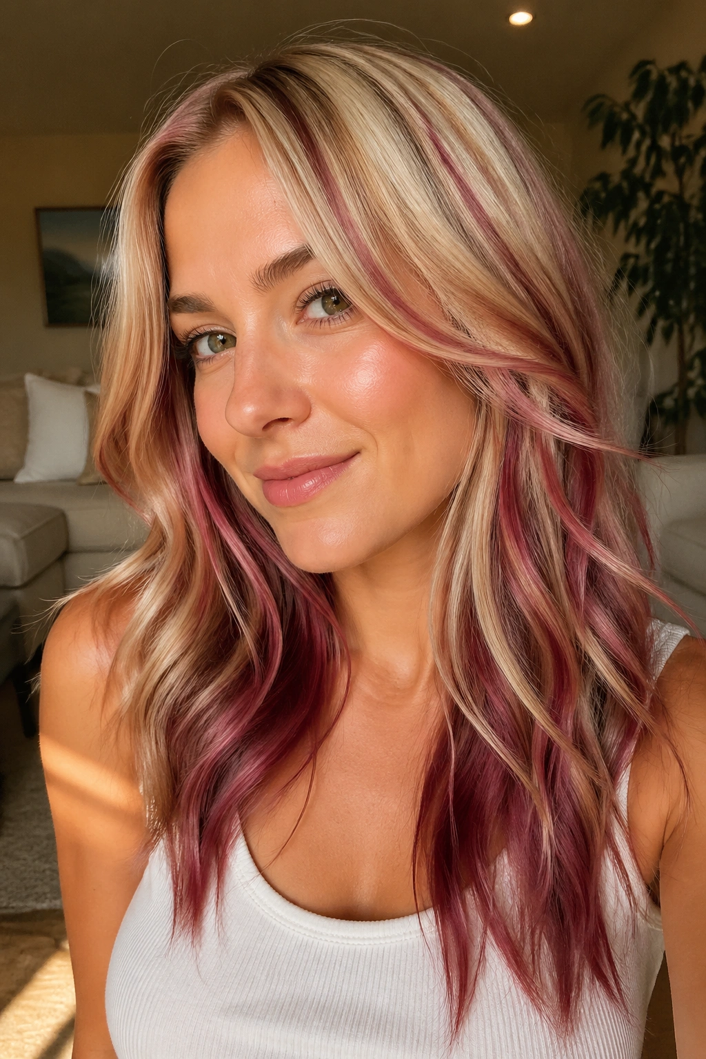Portrait of a real woman with cranberry pink lowlights in blonde hair