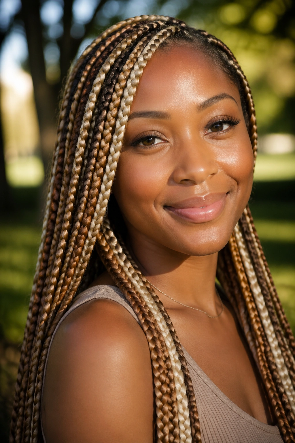 Close-up of a real woman with three-tone braids in cream, honey blonde, and caramel.