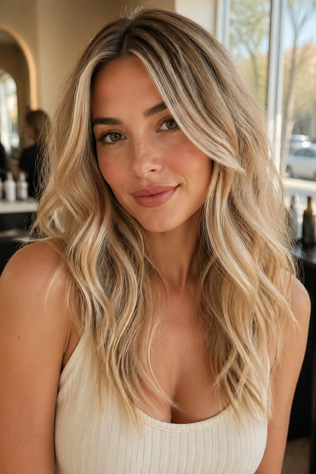 Close-up of a real woman with Cream Soda Blonde hair in glossy warm tones, photographed in a sunlit salon.
