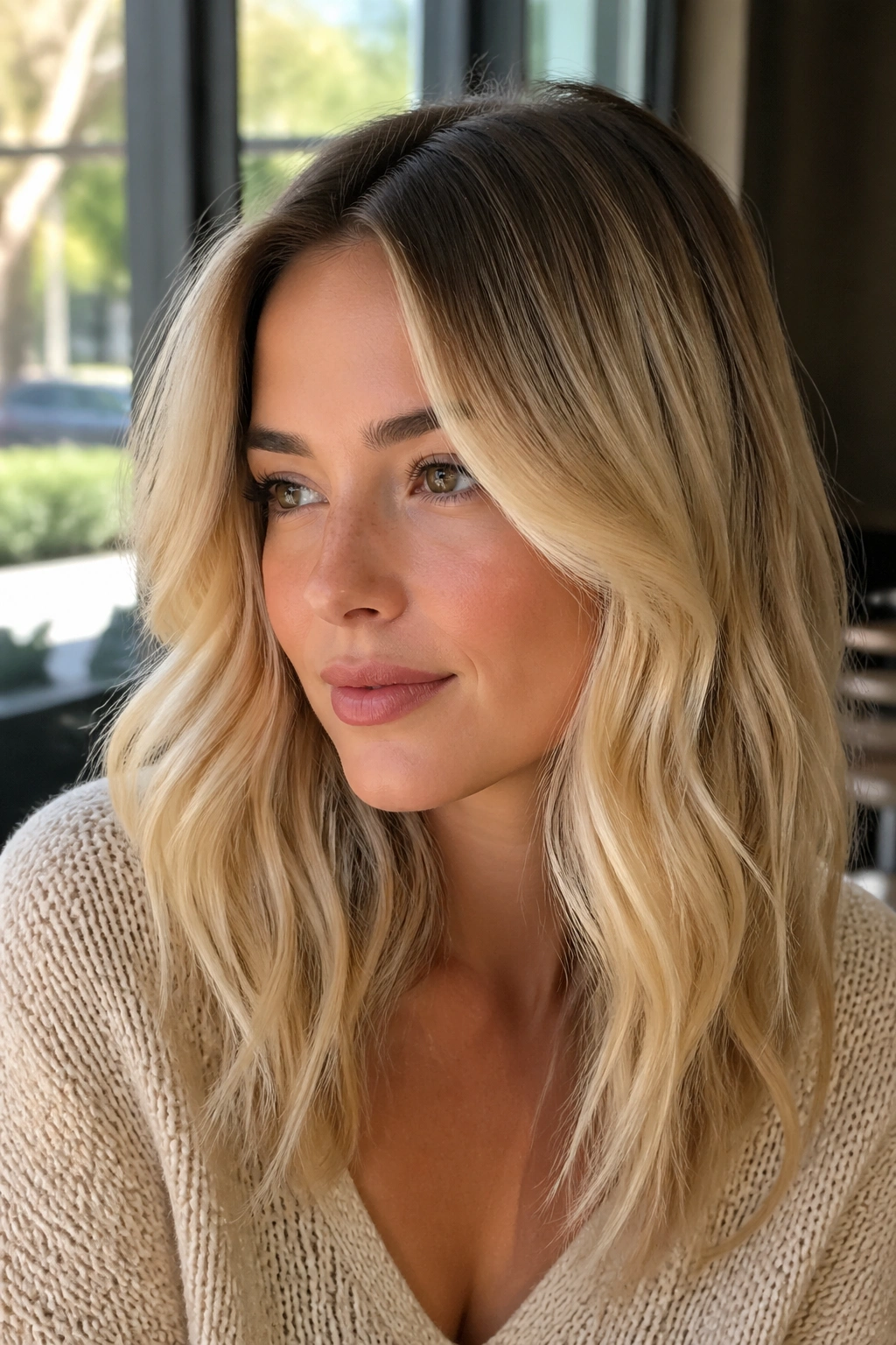 Close-up portrait of a real woman with cream soda blonde and soft root blur in warm indoor light.