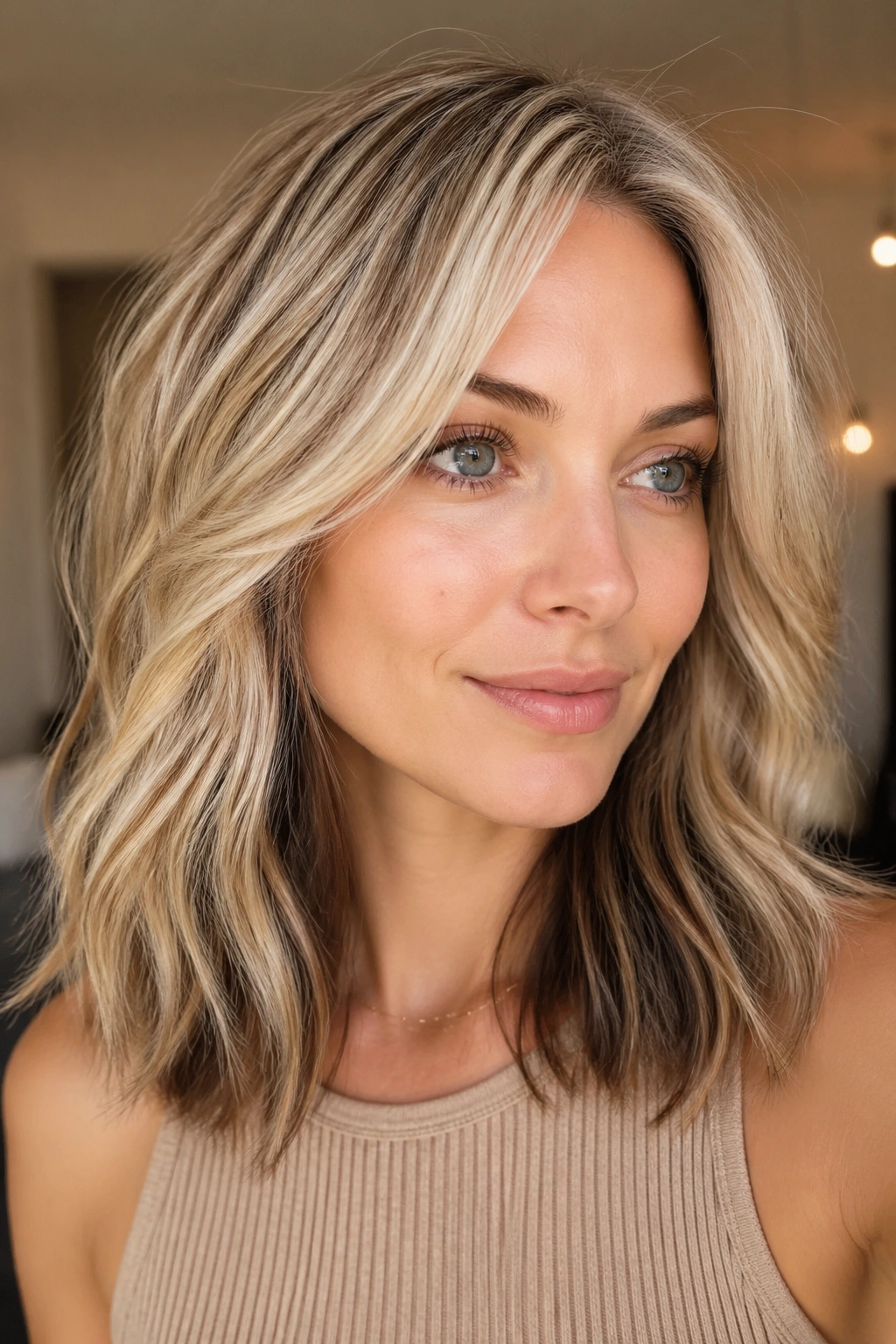 Portrait of cream soda blonde hair with walnut underlayers on a real person