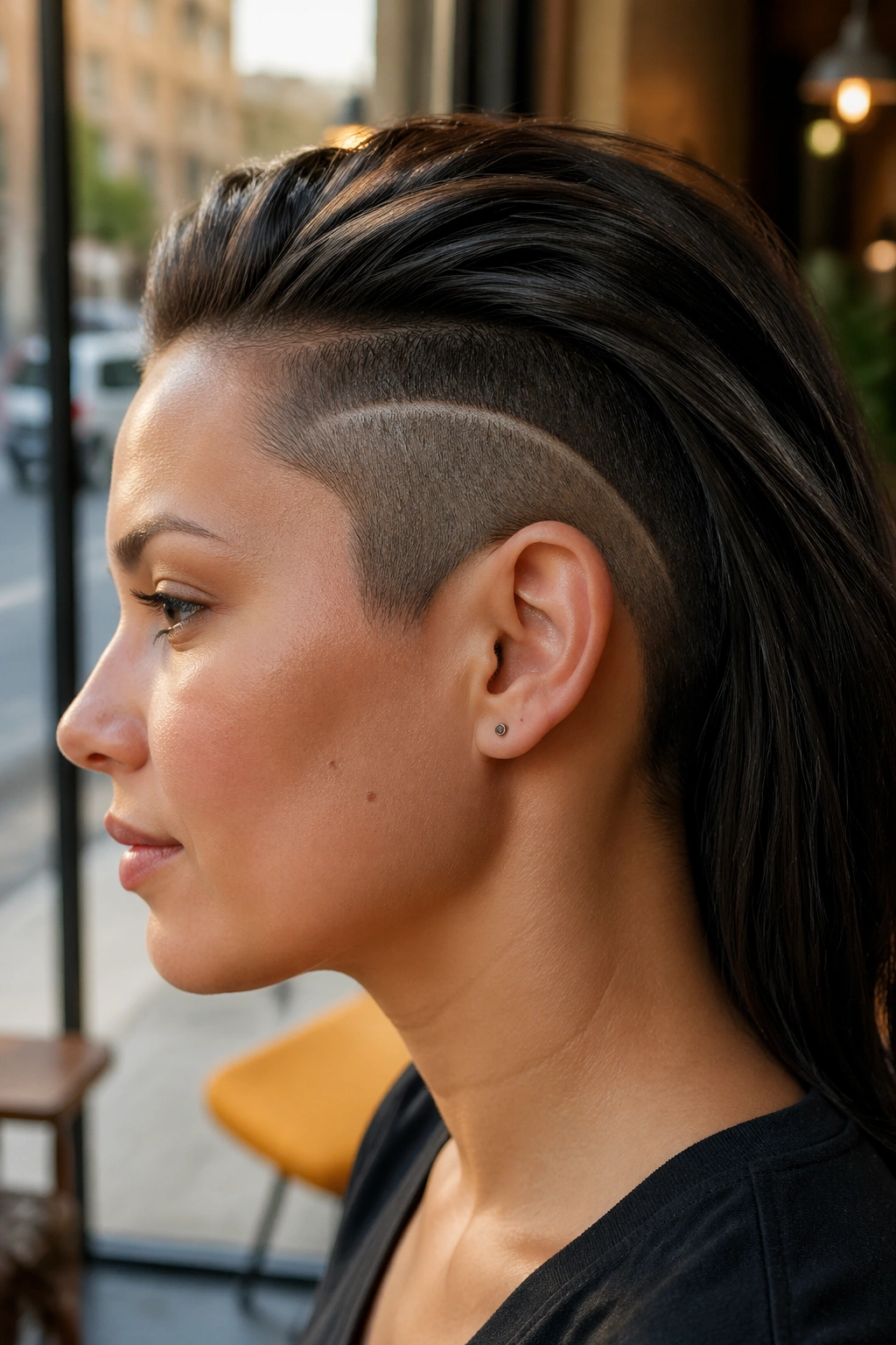 Side-profile of a real woman with crescent undercut, top hair visible, urban light backdrop.