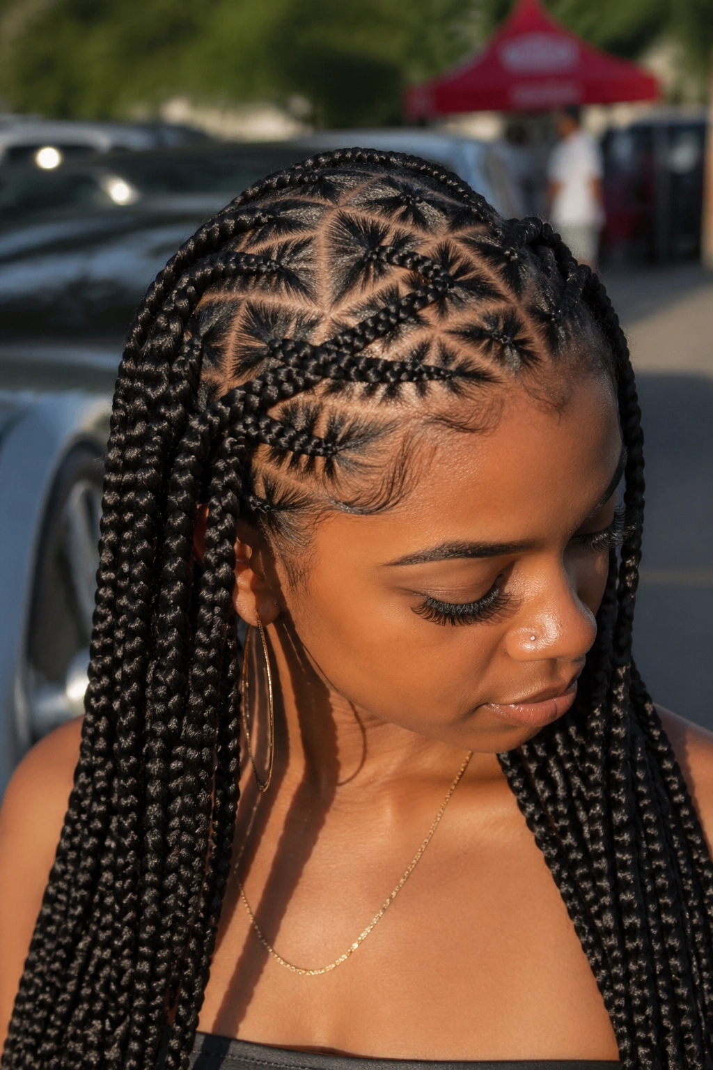Real woman with criss-cross braids around crown outdoors
