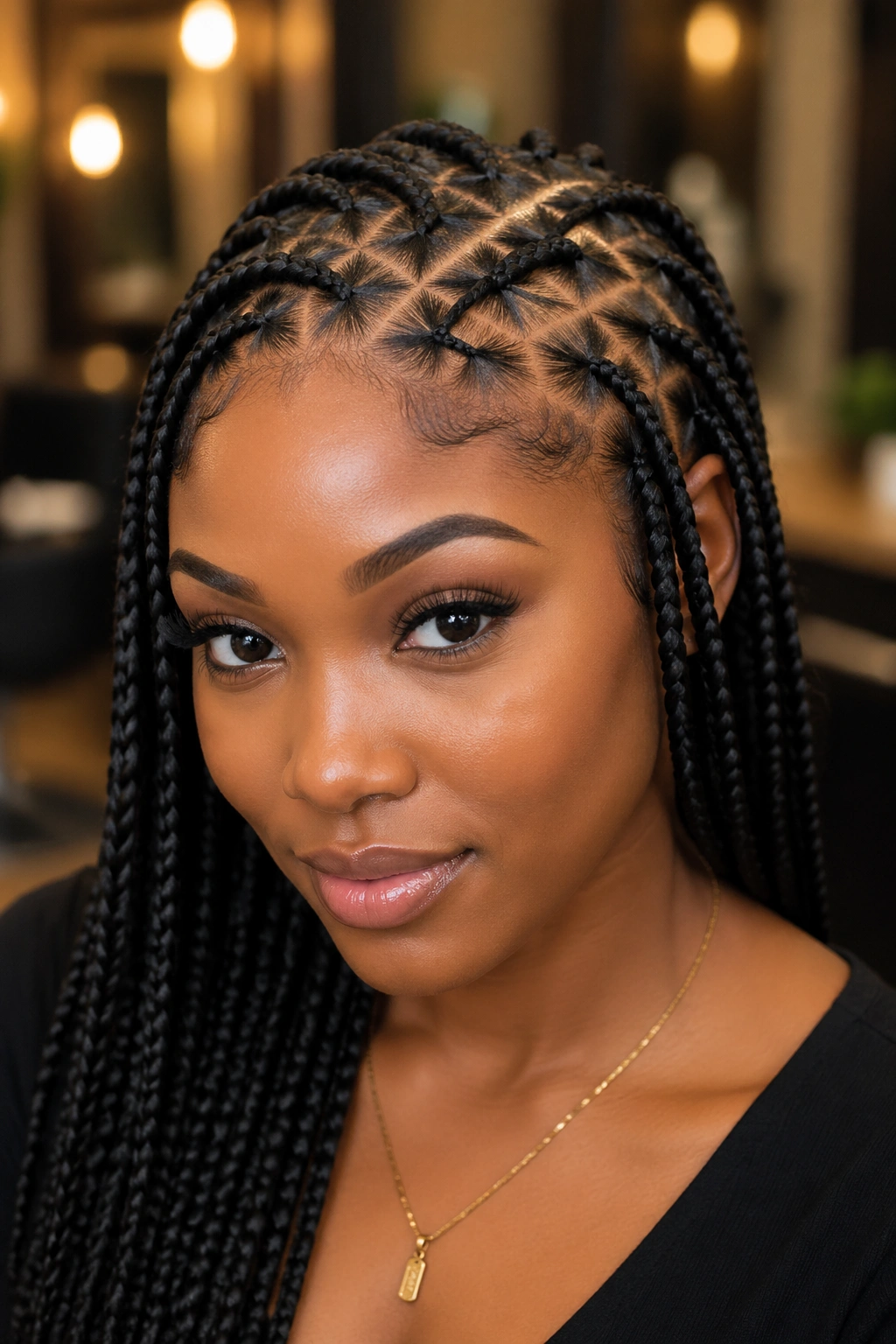 Close-up of a real woman with criss-cross braids showing overlapping root sections.