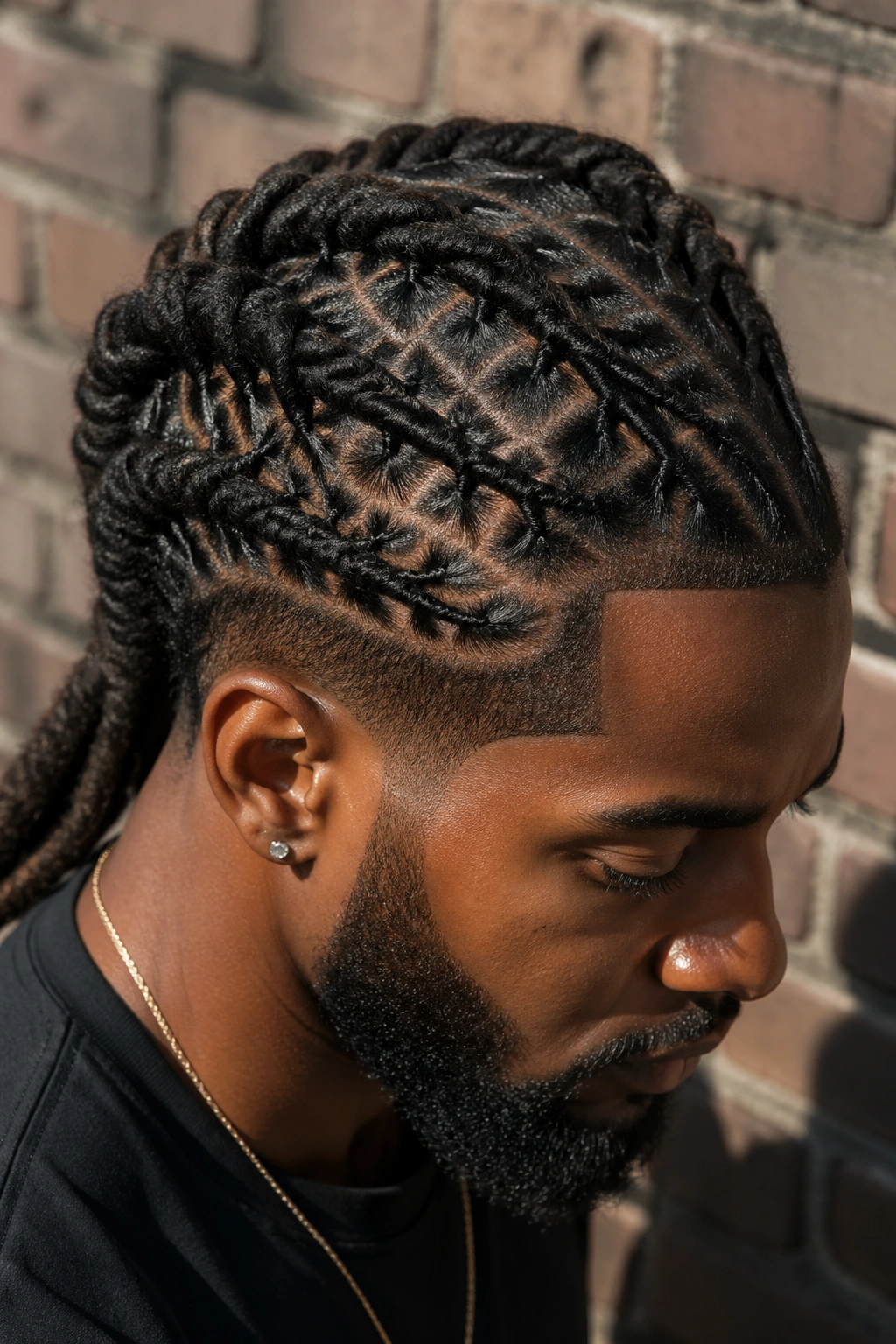 Close-up of a man with criss-cross braids in dense locs