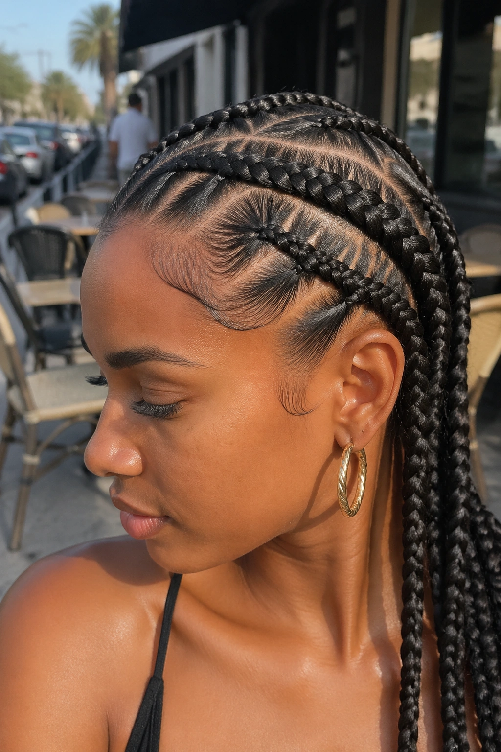 Real woman with criss-cross cornrows shown in close-up with cross-over pattern.
