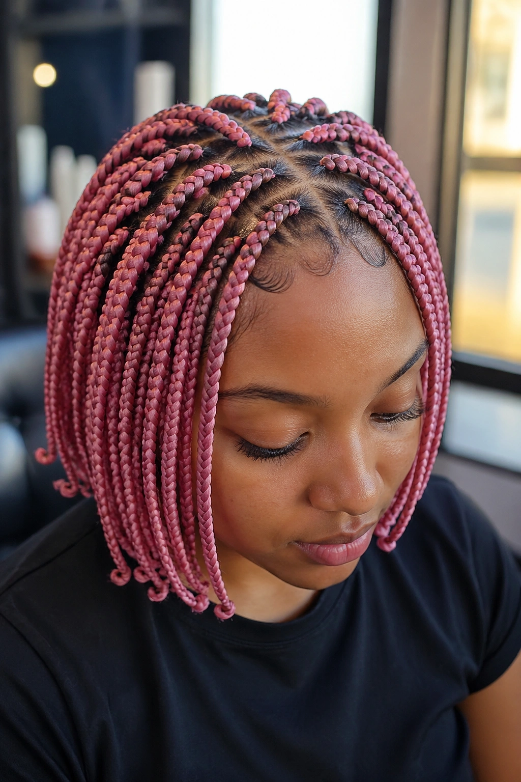 Close-up of a real person showing criss-cross crown parting with pink box braids