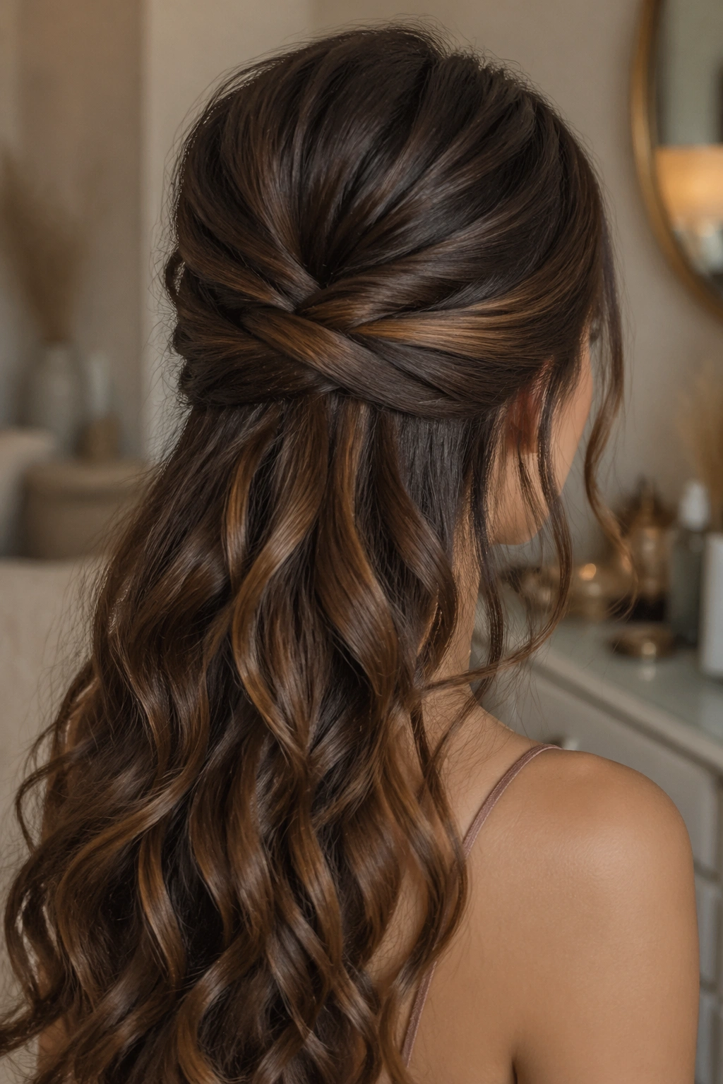 Close-up of a real woman showing Criss-Cross Half-Up style with the top sections crossed and pinned