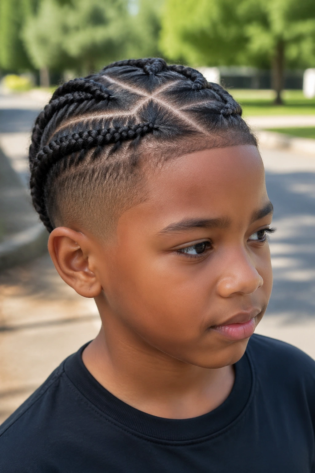 Real boy with crisscross braids in an outdoor setting.