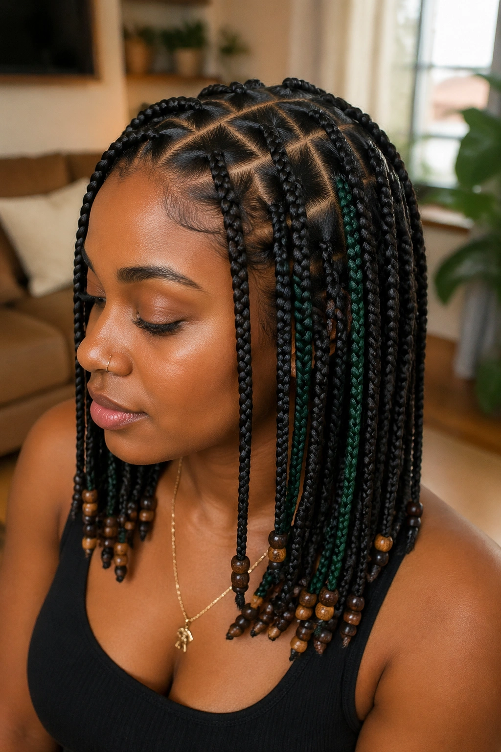 Close-up portrait of a real woman with crisscross-part braids, emerald peekaboo and wood beads.