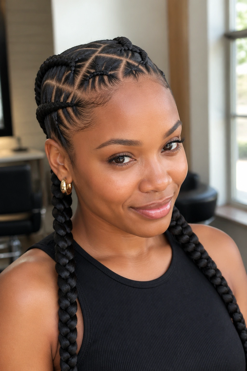 Close-up of a real woman with crisscross feed-in pigtail braids along the scalp in a softly lit salon setting