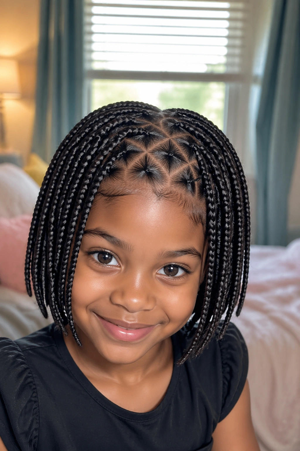 Close-up of a real young girl with crisscross front short box braids forming X patterns at the hairline