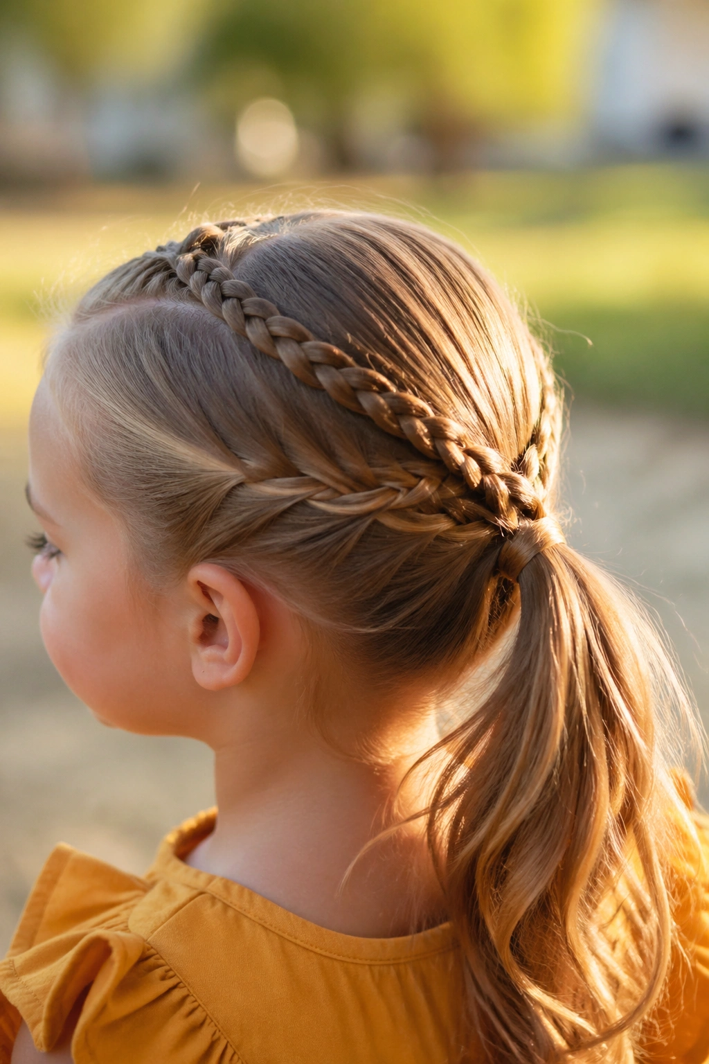 Toddler with crisscross twin braids tucked into a half pony