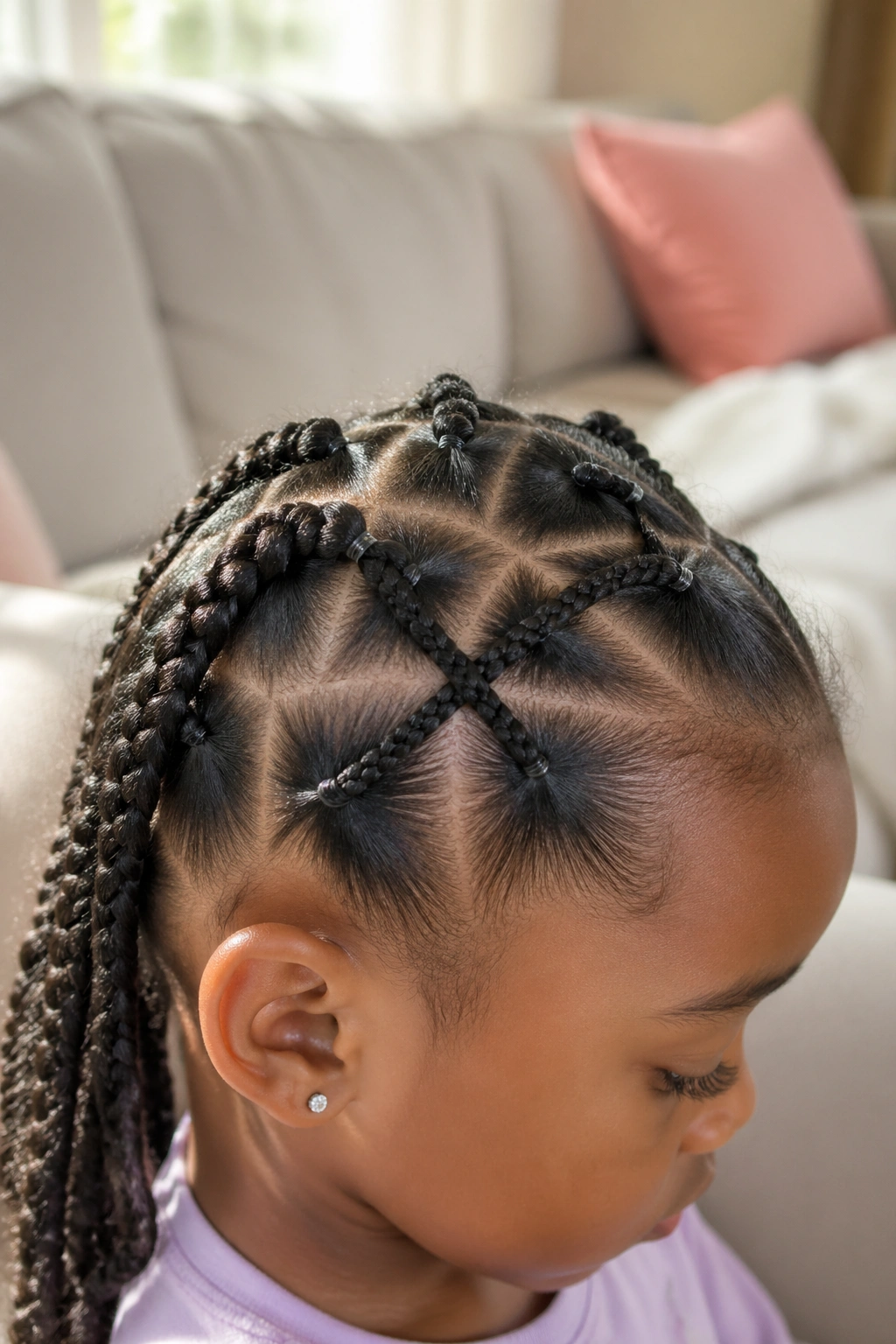 Close-up of a toddler head with crisscross braids near the scalp