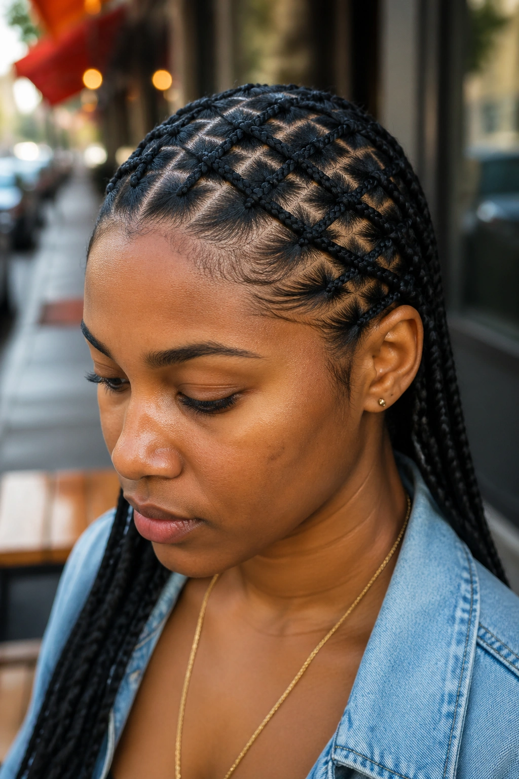 Close-up of a real person's scalp showing a crisscross woven braid pattern.