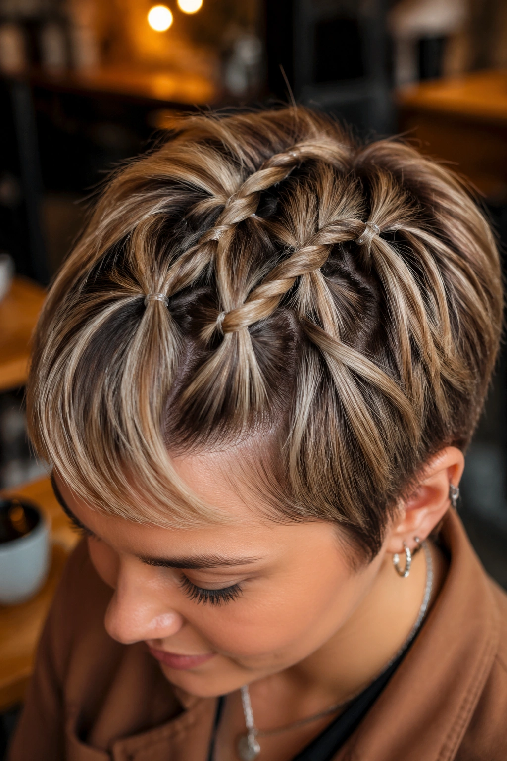 Top crown shot of a real woman with crisscross elastic bubble braids.