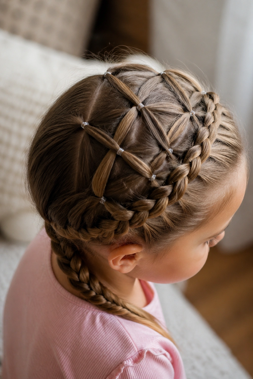 Close-up of toddler with crisscross crown braids and low finish