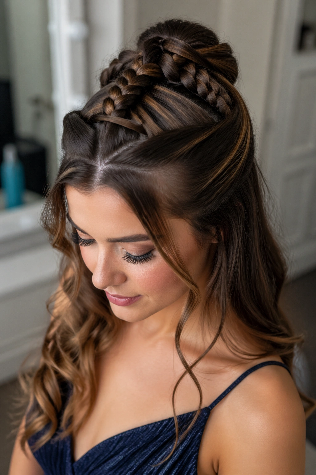 Close-up of a real person with crisscross dragon braid half-up showing crown crossovers