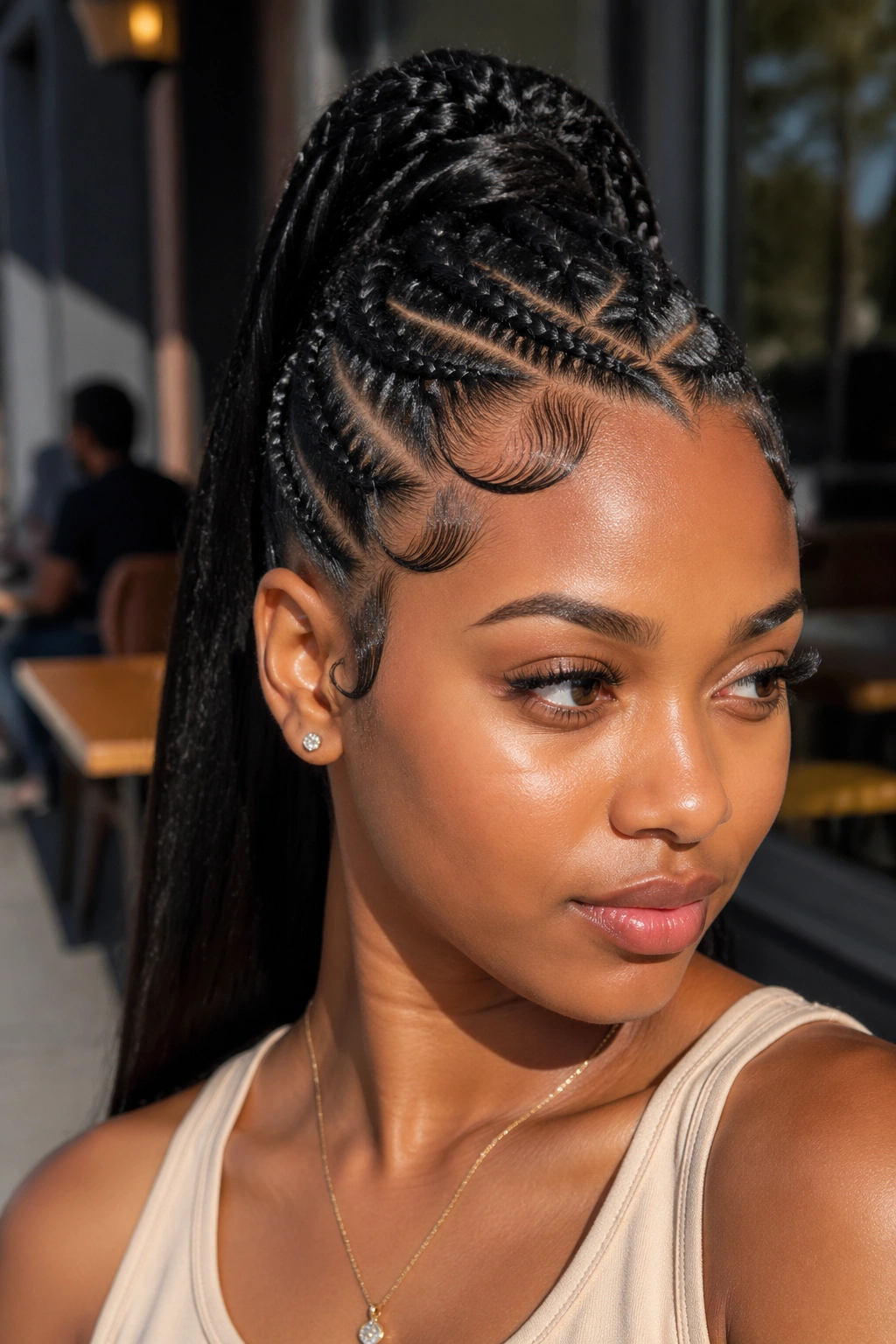 Close-up of real woman with crisscross feed-in braids into a ponytail and laid edges.