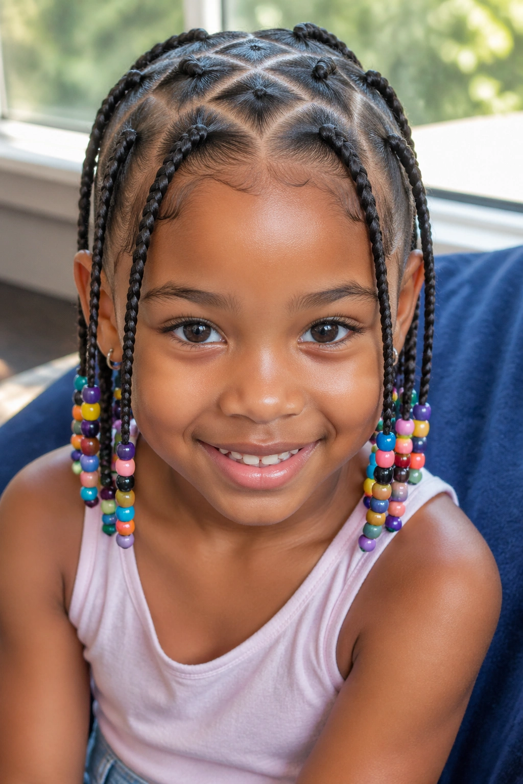 Close-up of a child with crisscross front braids and colorful pop beads.