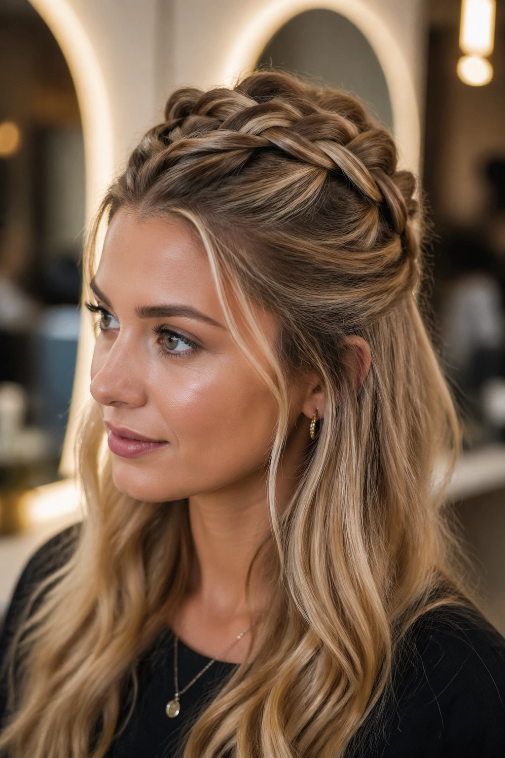 Close-up of real woman with Crisscross Half-Up French Braid.
