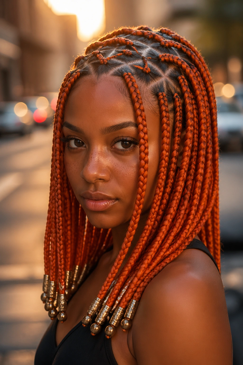 Close-up of a real person with crisscross-part orange braids and metallic beads.