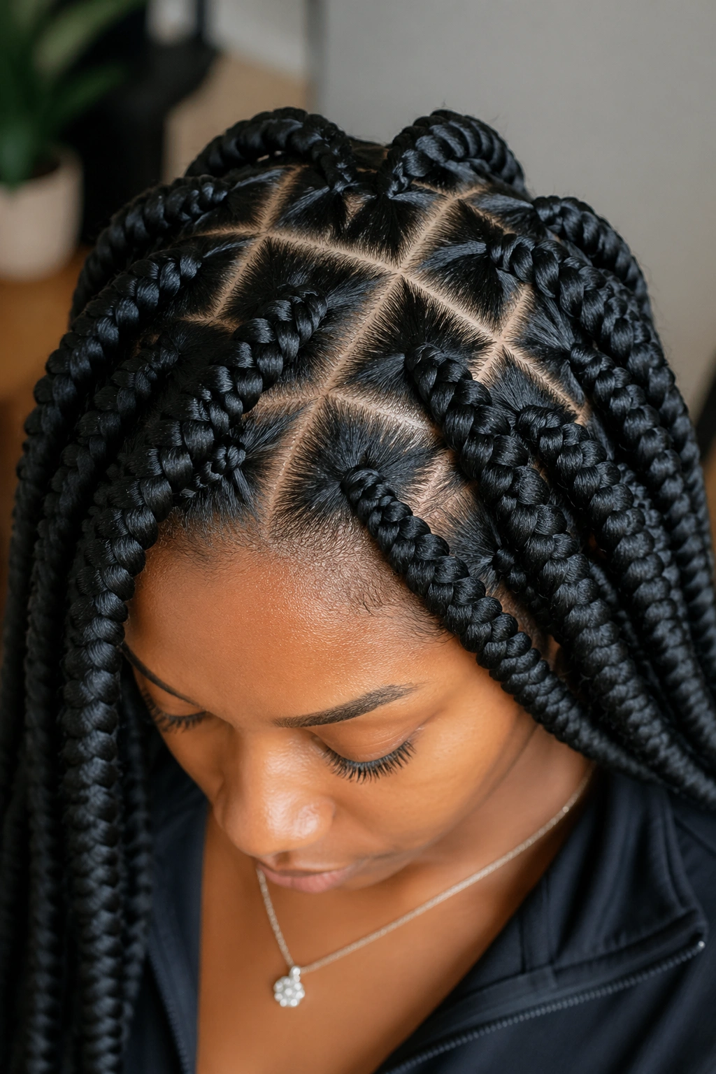 Real woman with crisscross-part jumbo knotless box braids
