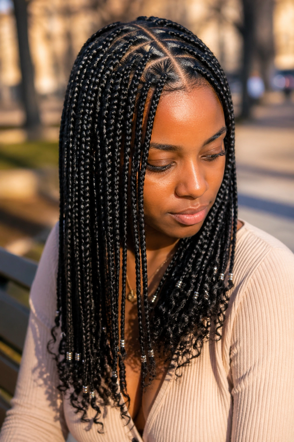 Close-up of crisscross-part goddess box braids with tiny seed beads on a real person