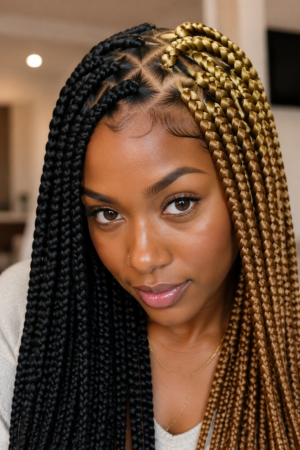 Real person with crisscross parting on two-tone jumbo braids