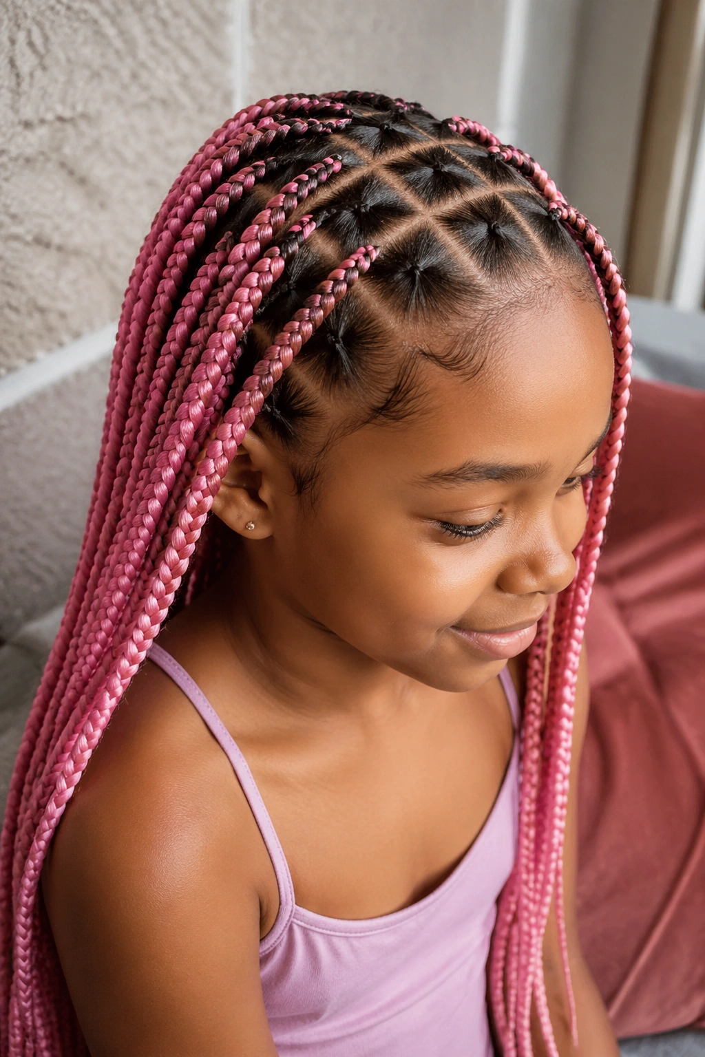 Close-up of a real child with crisscross parts in pink box braids